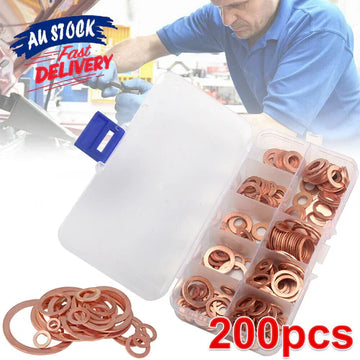 200PCS Gasket Set Crush Washers Assorted Solid Copper Car Engine Seal Flat Ring