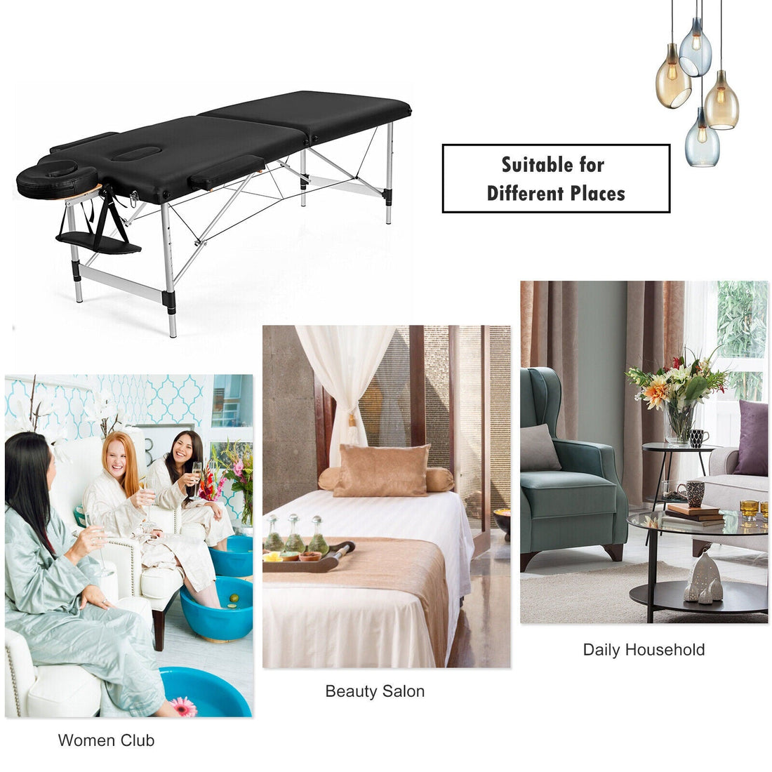 Aluminum Massage Table 2 Folding Salon Lash Bed Portable Spa Table Couch Black