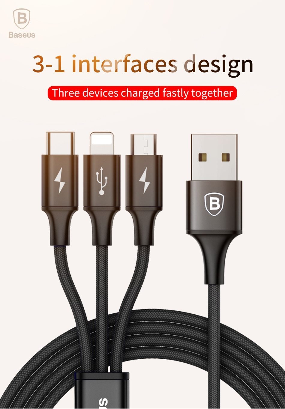 3-IN-1 3A Super Fast Charge Cable (USB+TypeC+iPhone) Prily