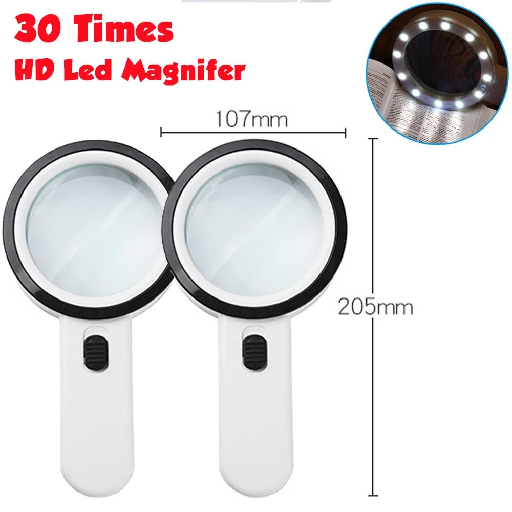 30X Handheld Illuminated Magnifier with 12 LED Lights For The Elderly Prily