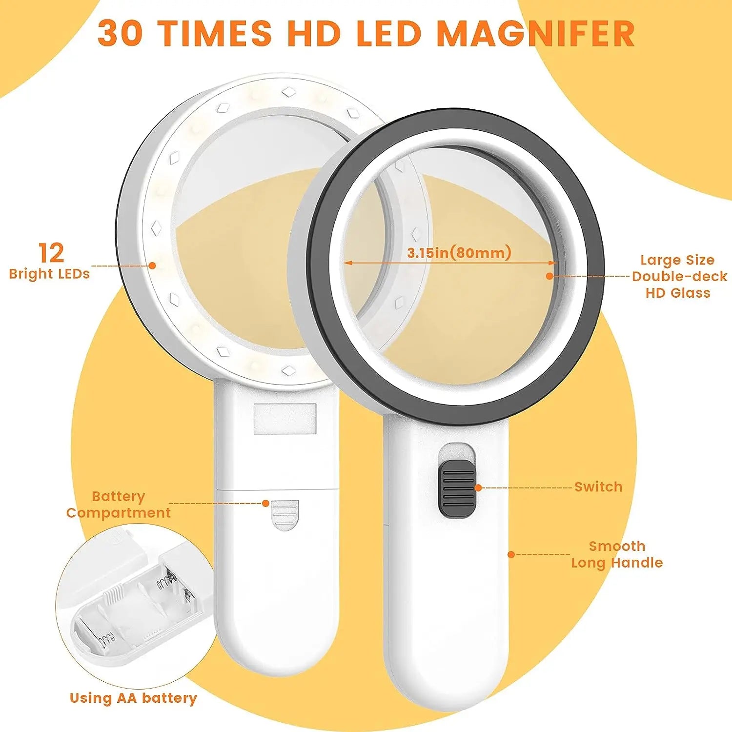 30X Handheld Illuminated Magnifier with 12 LED Lights For The Elderly Prily