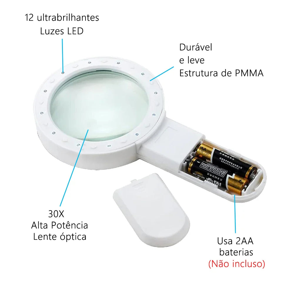 30X Handheld Illuminated Magnifier with 12 LED Lights For The Elderly Prily