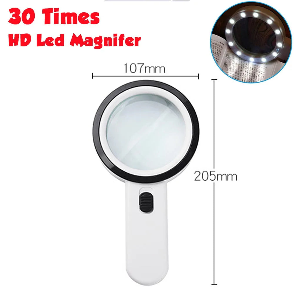 30X Handheld Illuminated Magnifier with 12 LED Lights For The Elderly Prily