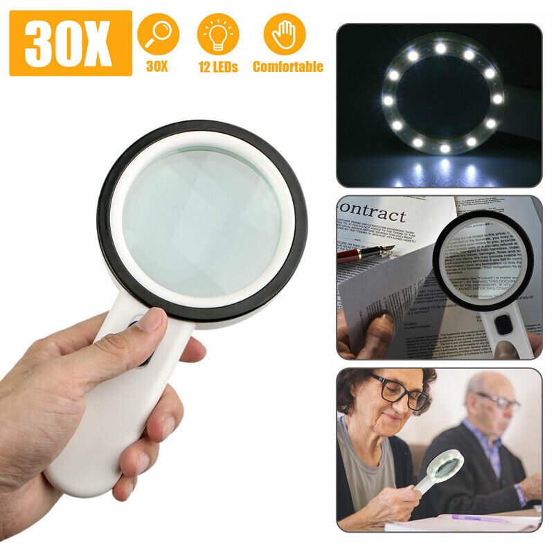 30X Handheld Illuminated Magnifier with 12 LED Lights For The Elderly Prily