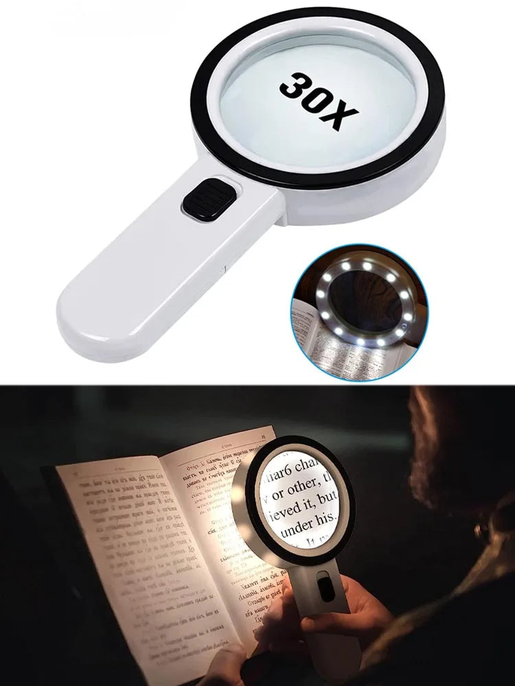 30X Handheld Illuminated Magnifier with 12 LED Lights For The Elderly Prily