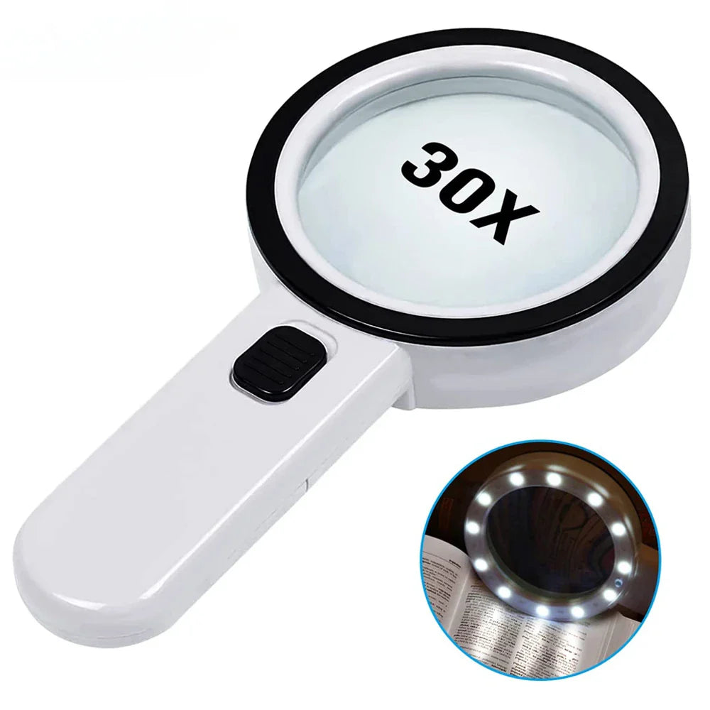 30X Handheld Illuminated Magnifier with 12 LED Lights For The Elderly Prily