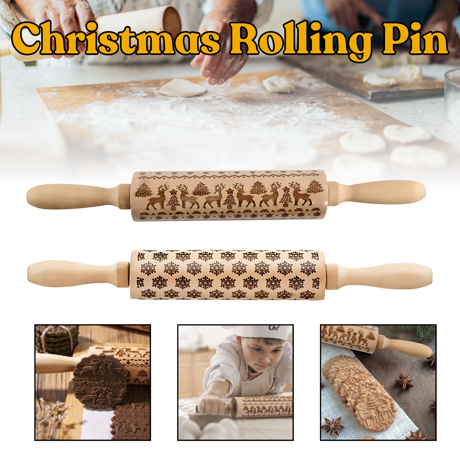 3D Christmas Embossing Rolling Pin Engraved Elk Baking Cookies Cake Roller