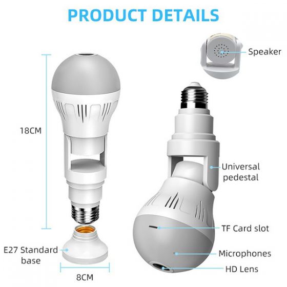 360°  Fisheye Hidden V380 WiFi IP Camera 24 Hours Monitoring 1080P HD Night Vision Alarm Home Security Surveillance Camera LED Bulb, Support 128G SD Card