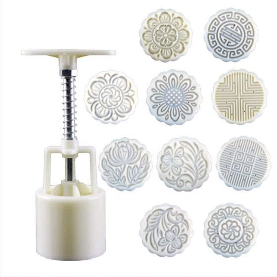 Moon Cake Mold Press 10 Motif Stamps 100g Mooncake Flower Round Bakeware Cookie Cutter DIY Cake Decoration Tool