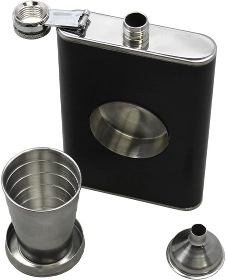 Stainless Steel Liquor Flask with Built in Collapsible Stainless Steel Shot Glass and Funnel