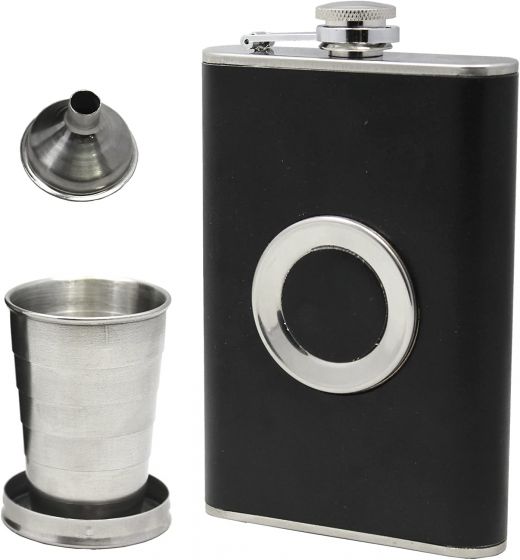 Stainless Steel Liquor Flask with Built in Collapsible Stainless Steel Shot Glass and Funnel