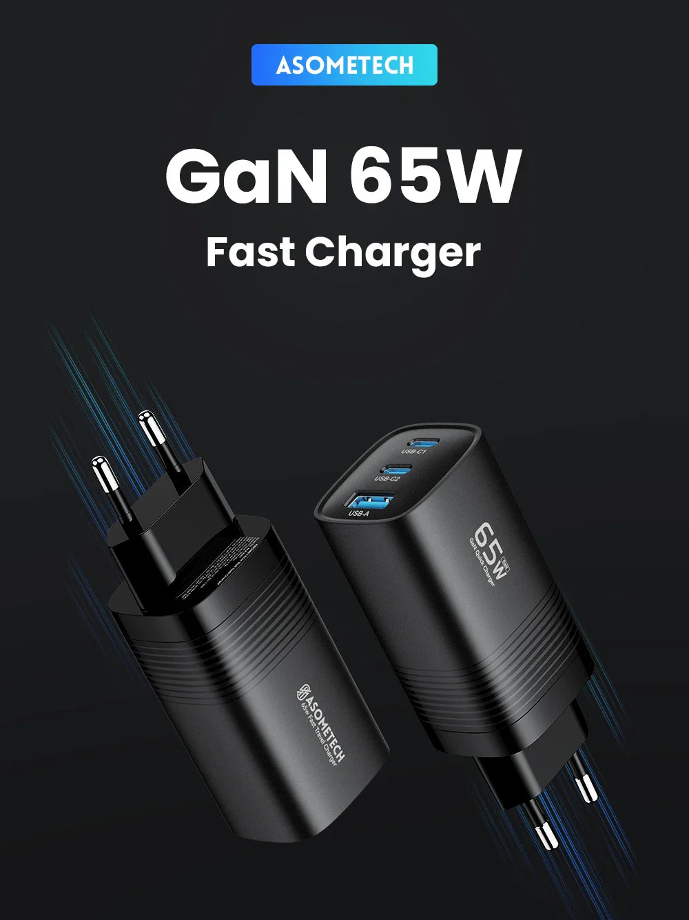 ASOMETECH 65W Newest GaN Technology QC4.0 Ultra Fast 3in1 Charger Prily