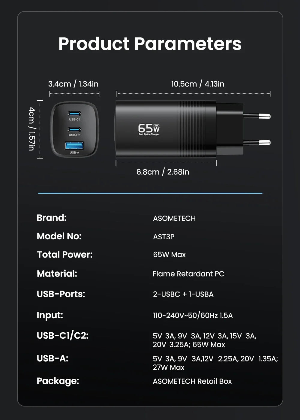 ASOMETECH 65W Newest GaN Technology QC4.0 Ultra Fast 3in1 Charger Prily