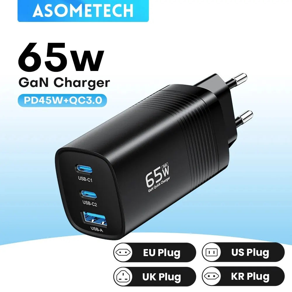 ASOMETECH 65W Newest GaN Technology QC4.0 Ultra Fast 3in1 Charger Prily