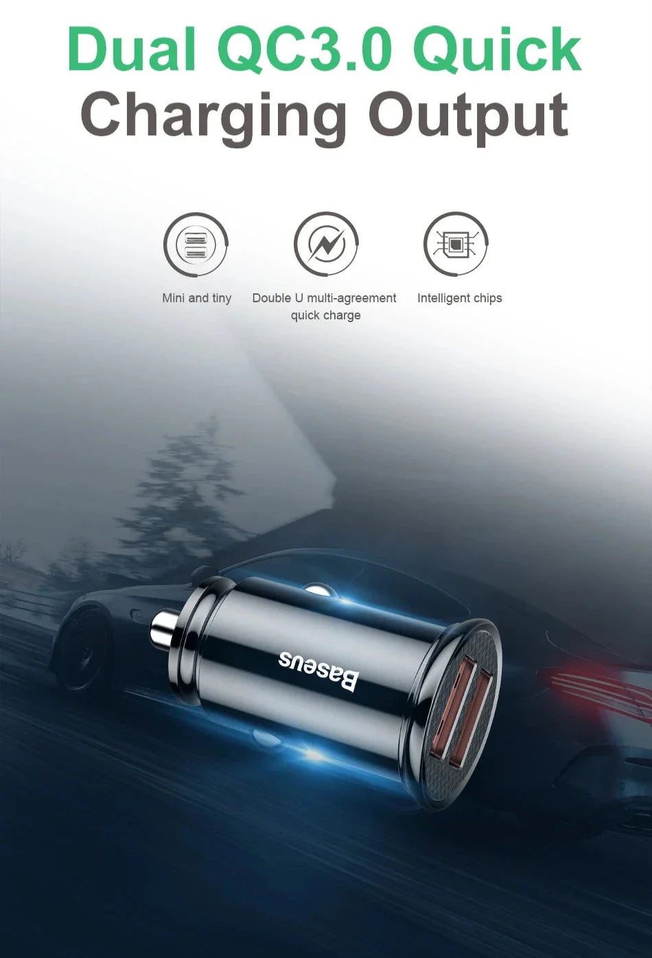 Baseus 30W Quick Charge 4.0 Dual Simultaneous Charging Universal Car Charger Prily