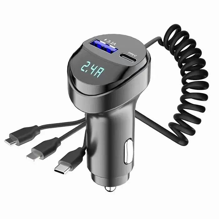 ChargeMaster 5-in-1 Retractable Pro Car Charger with Voltage Display Prily