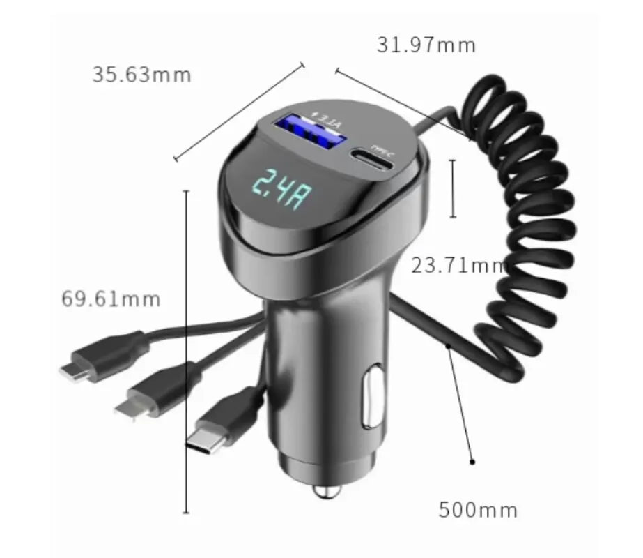 ChargeMaster 5-in-1 Retractable Pro Car Charger with Voltage Display Prily