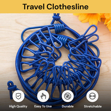 12 Clips Travel Clothesline - Portable, Lightweight, Blue