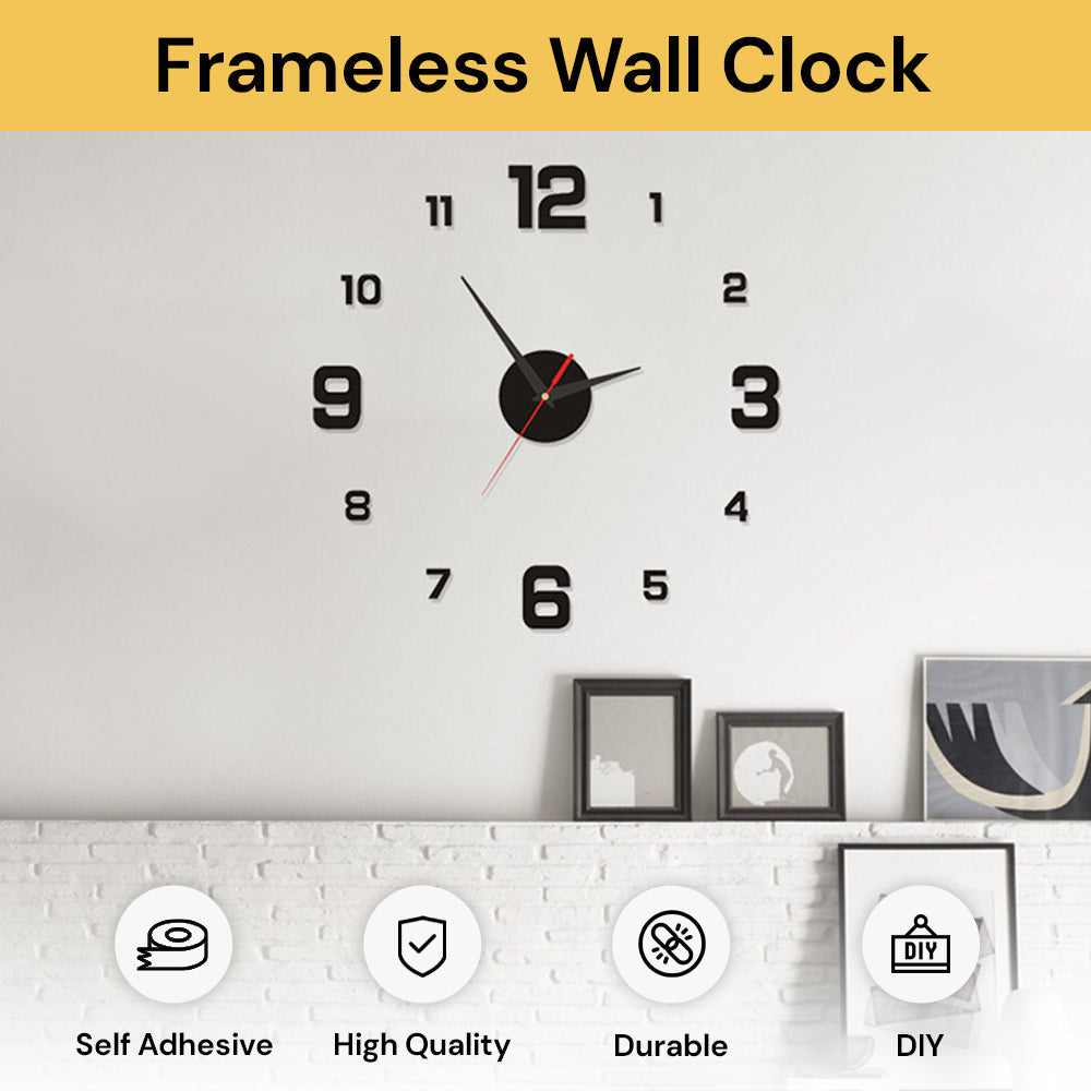 Frameless DIY Wall Clock - Modern Home Decor - Black