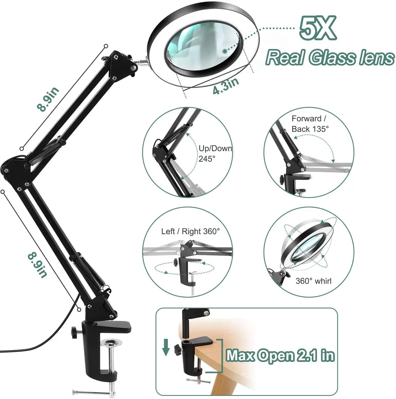 Illuminated USB 3 Colors Magnifier 5X Clamp Table Lamp Prily