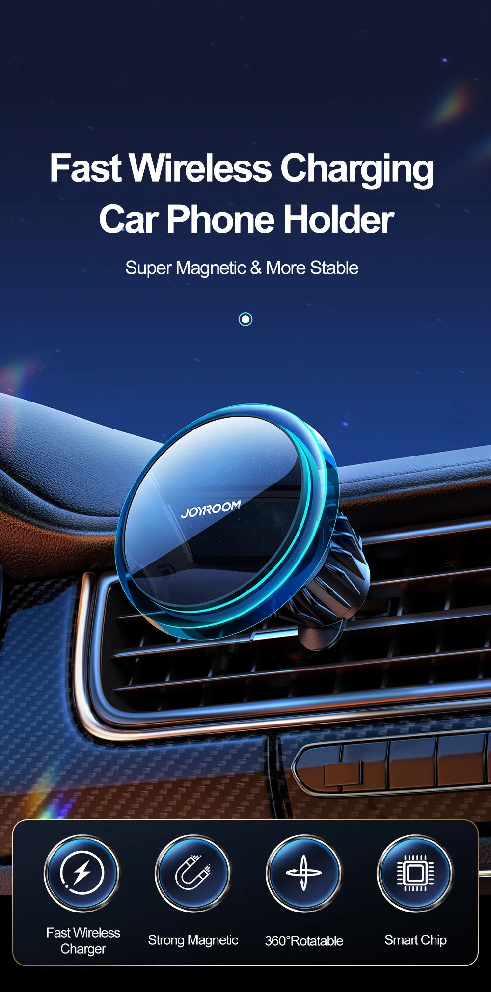 Magnetic Wireless Fast Charging Car Phone Mount With Blue Light Prily