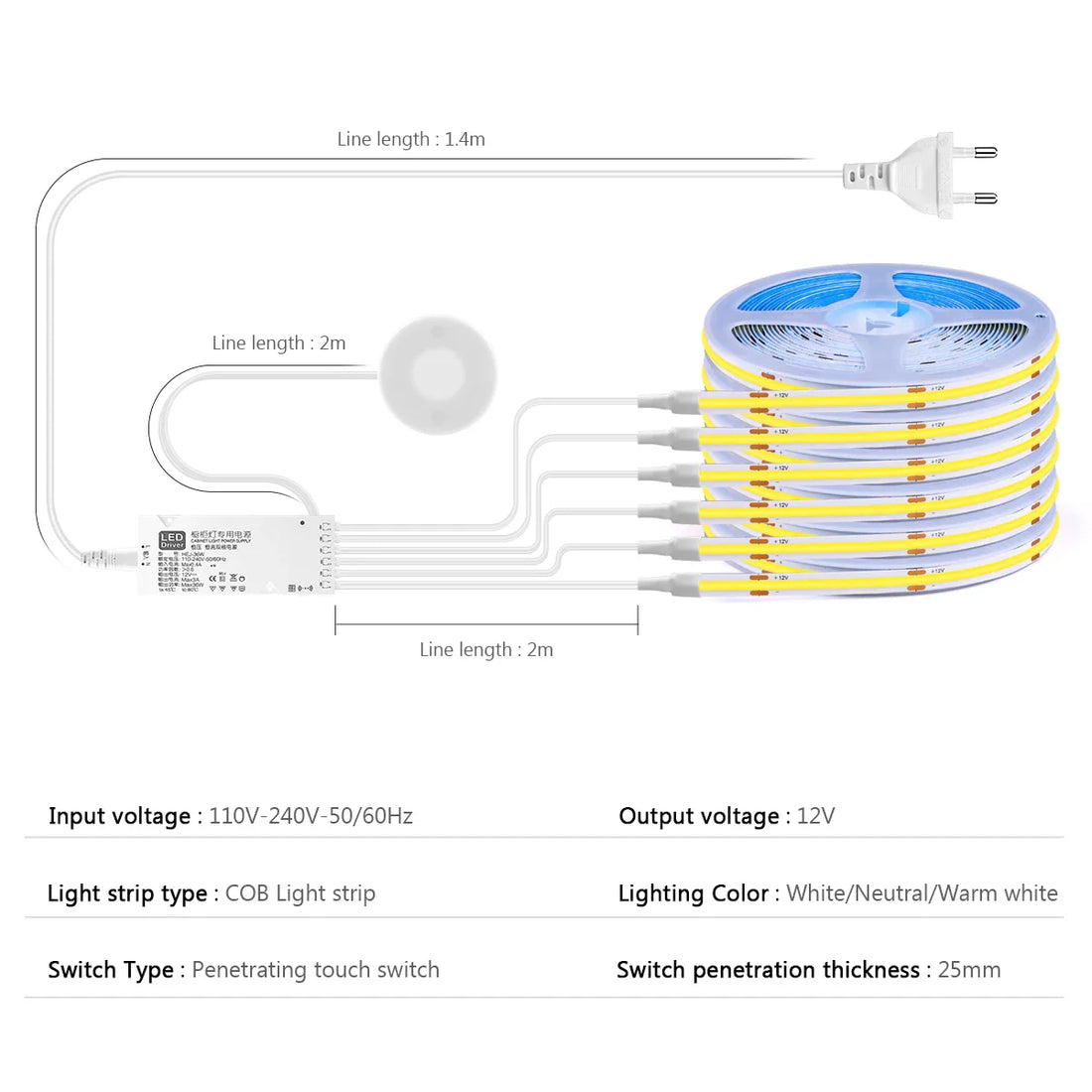 Single Power Supply Closet Dimmable Touch Sensor COB LED Strips Prily