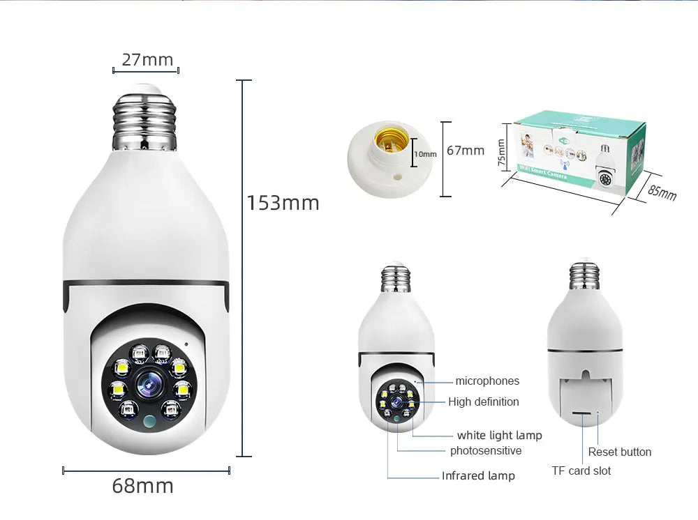 Smart AI Wireless Night Vision HD Wifi Surveillance Camera for E27 Light Bulb Socket Prily