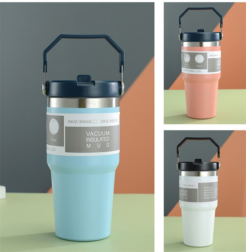 Stainless Steel Double-Wall Vacuum Tumbler With Built-in Straw & Fold-Down Handle Prily