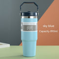 Stainless Steel Double-Wall Vacuum Tumbler With Built-in Straw & Fold-Down Handle Prily