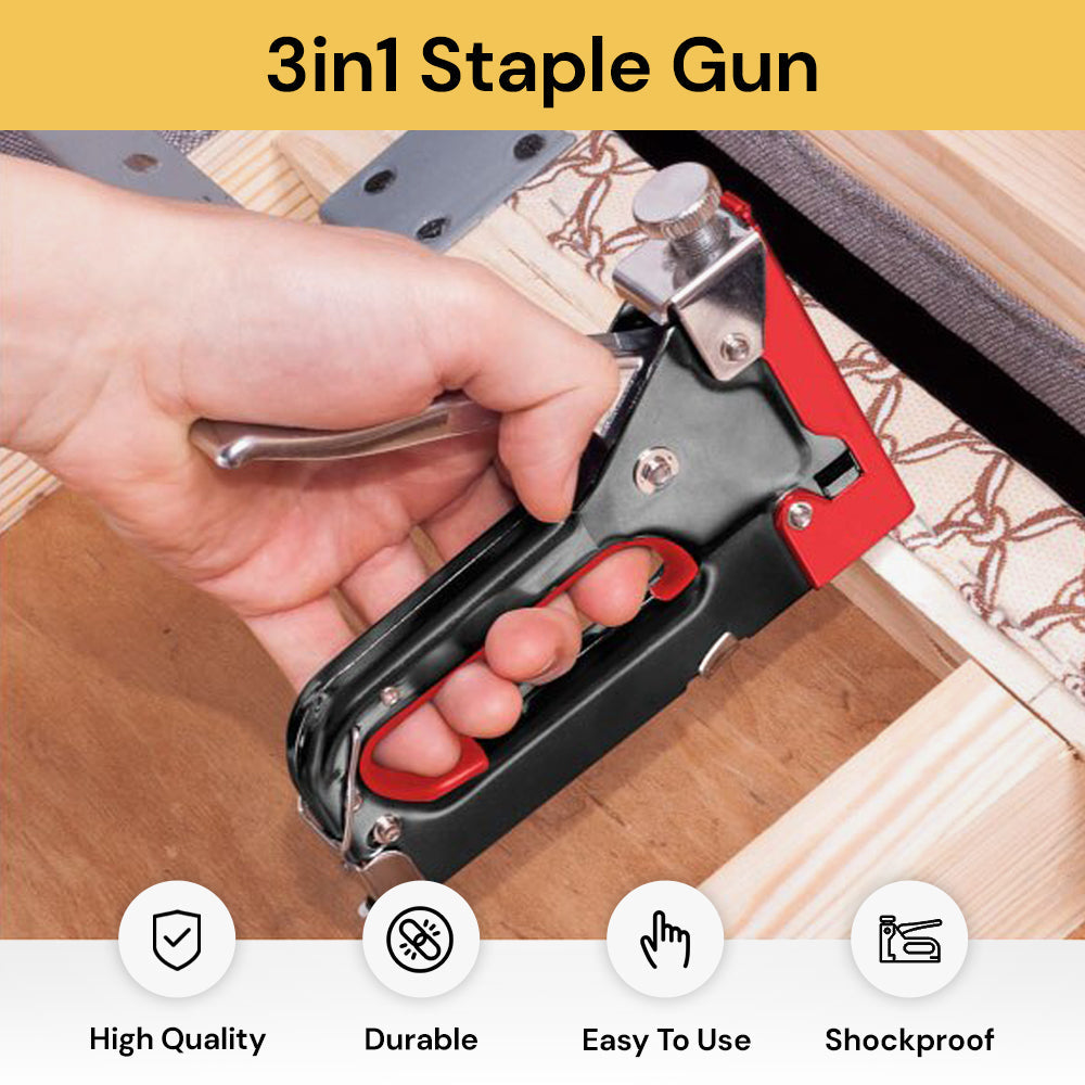 3-in-1 Staple Gun - Heavy Duty, Adjustable Depth, Red, Black