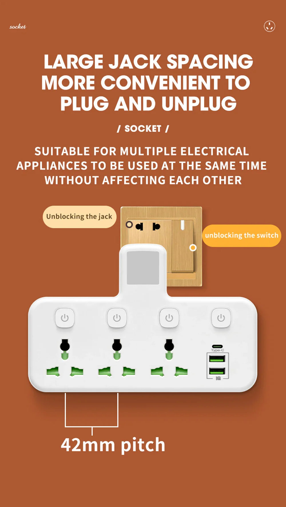 Universal Multiprise Socket / USB / Type-c Power Strip Adapter with Light Prily