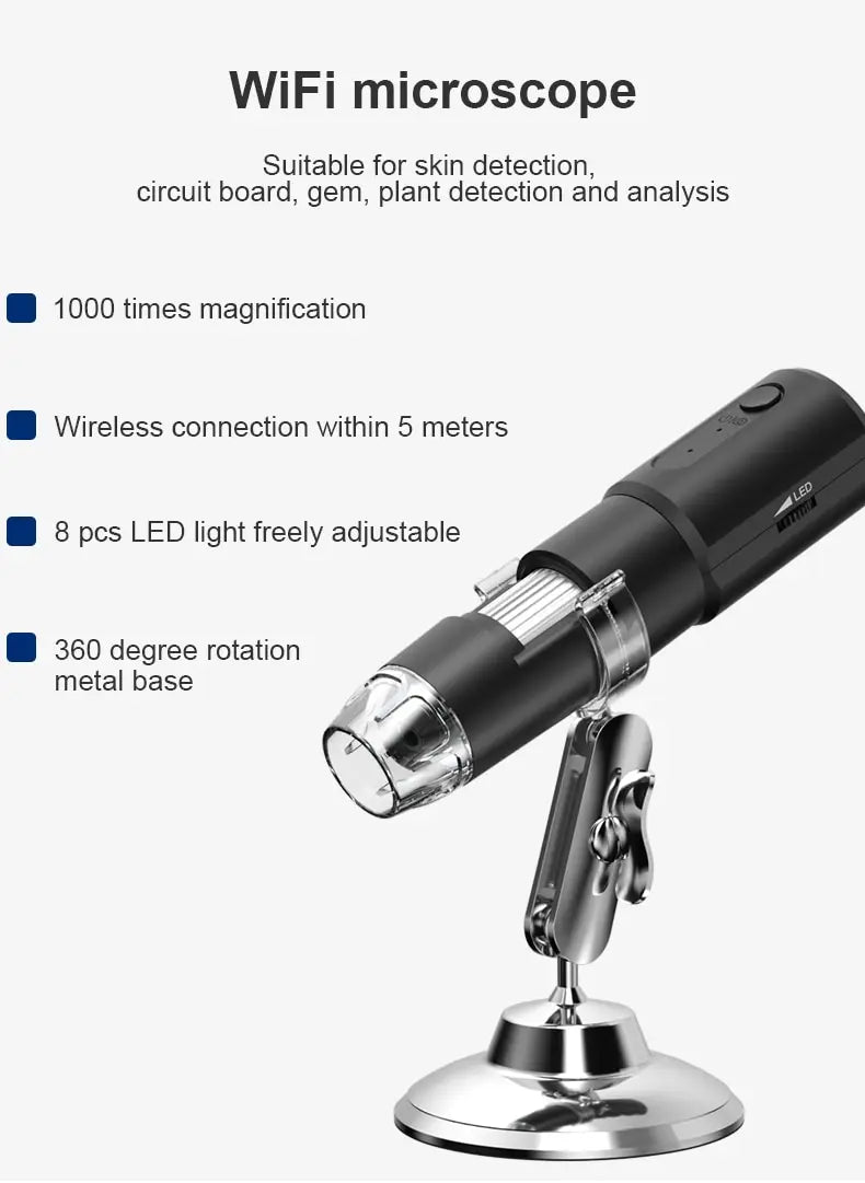 Wifi Digital Microscope 50X-1600X Magnification With Adjustable Stand for IOS & Android Prily