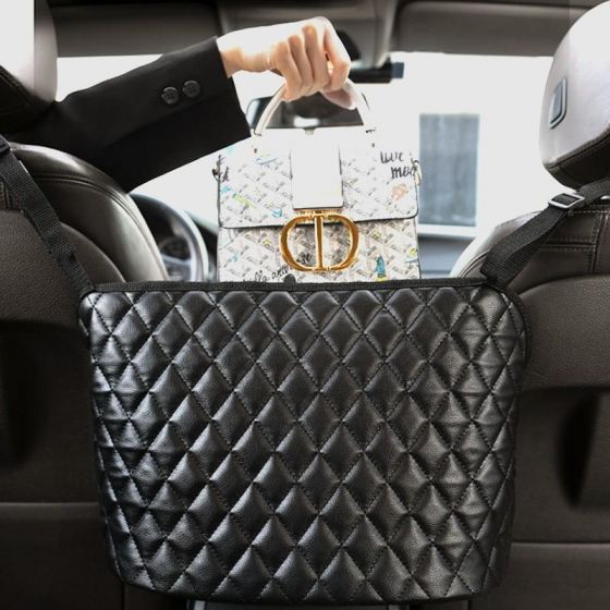 Car Seat Storage Net Pocket Car Handbag Holder Luxury Leather Seat Back Organizer Mesh Large Capacity Bag Automotive Goods Storage Pocket