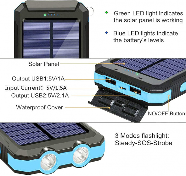 Solar Charger Solar Power Bank 20000mAh Waterproof Portable External Backup Outdoor Cell Phone Battery Charger with Dual LED Flashlights Solar Panel Compatible with All Smartphone (Black & Blue)