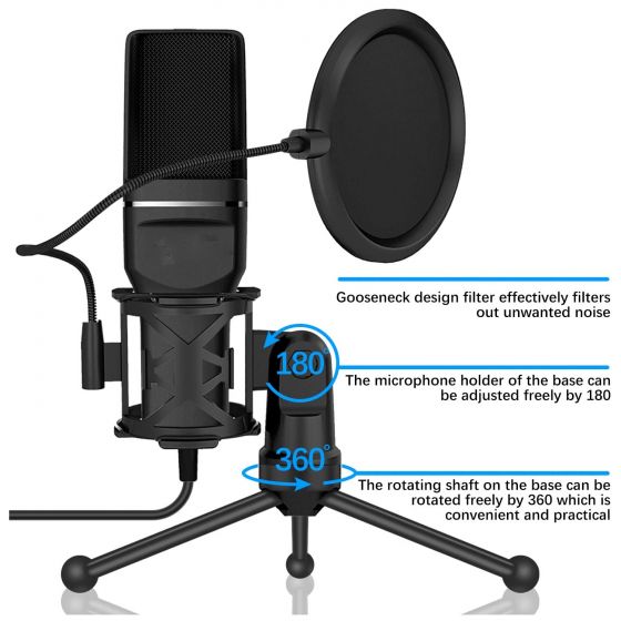 USB Microphone PC Microphone USB Condenser Recording Gaming Mic with Stand & Filter for Desktop Windows