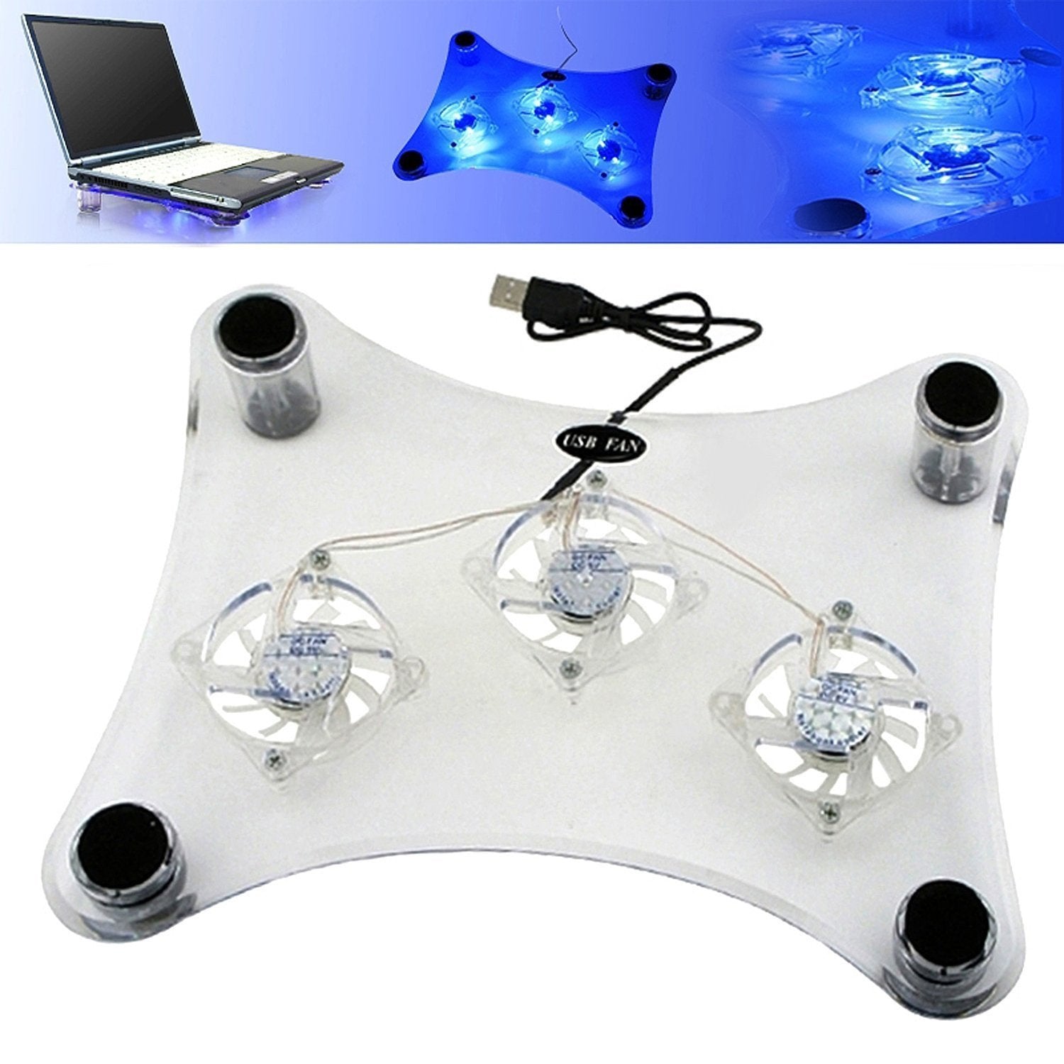 3 Fans Laptop Cooler With Blue LED