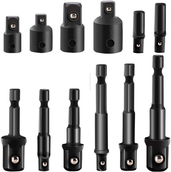 12Pcs Socket Adapte Bits Set Hex Drill Nut Driver Power Shank 1/4" 3/8" 1/2" Connecting Rod Head Extension Drill Bits Bar Wrench