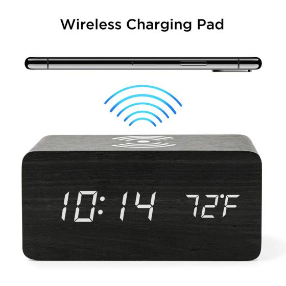 Wooden LED Digital Wooden Alarm Clock with Qi Wireless Charging Pad,  LED Display Sound Control and Snooze Dual for Bedroom, Bedside, Office(Black)